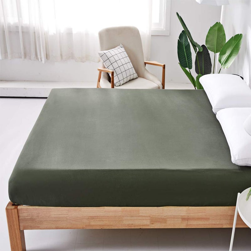 Ecocott Bedding Fitted Sheet - 100% Selected Natural Cotton - Elasticized Deep Pockets, Shrinkage & Fade Resistant - Easy Care (Avocado Green, Queen) - Image 1